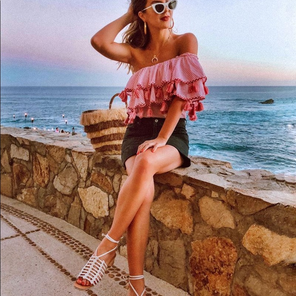 Misa Los Angeles Linnea Top Tassle Pom Pom In Red Stripe